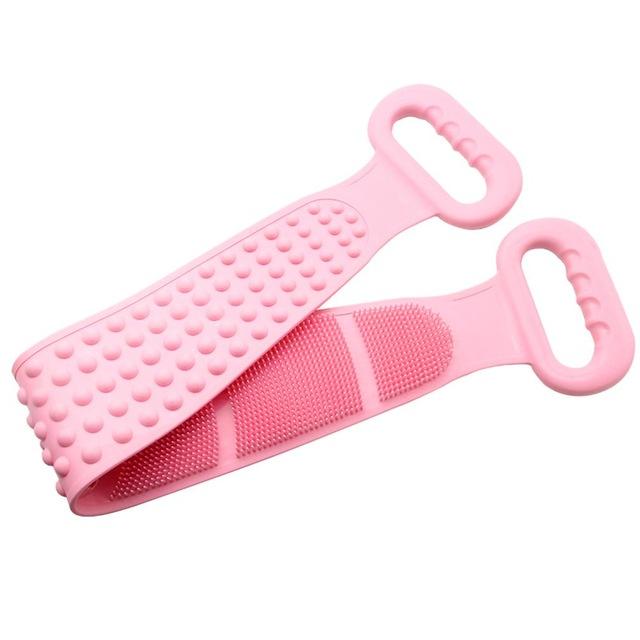 Pink silicone bath brush belt with dotted grip and ribbed scrubbing pad