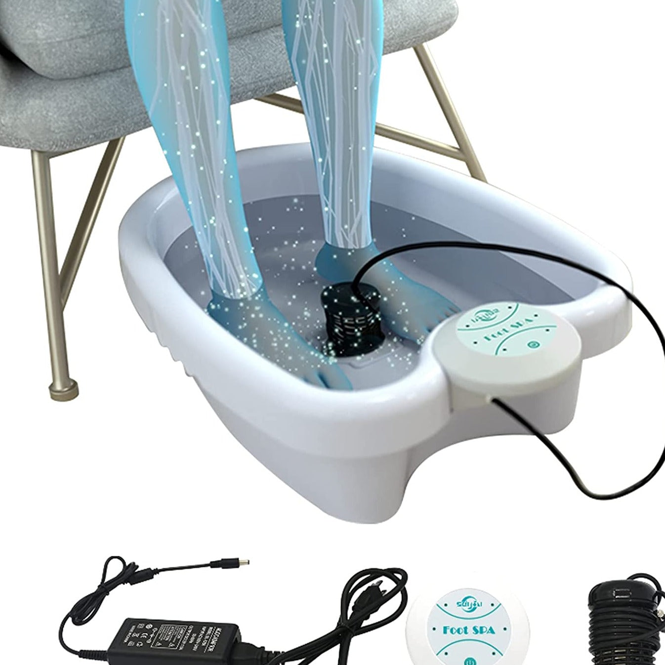 Foot spa machine with blue water jets, white basin, control unit and black electrode