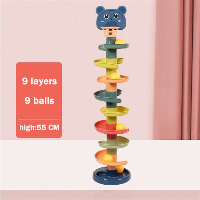 9-layer rolling ball tower toy with bear face topper and yellow balls on base
