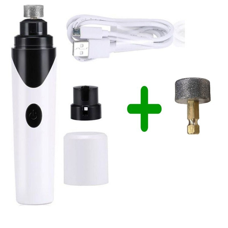 Rechargeable pet nail clipper with charging cable, spare cap, and grinding bit