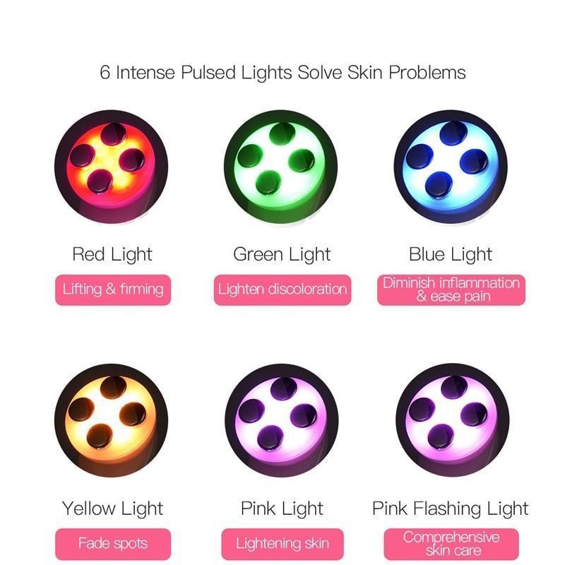 Face massager device showing red, green, blue, yellow, and pink light modes