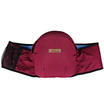 Hip seat carrier in burgundy red with mesh side panel and front logo patch.