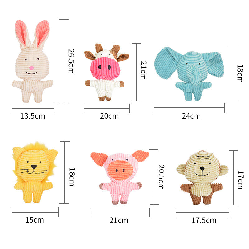 Plush baby animal toy set with six figures and visible size measurements