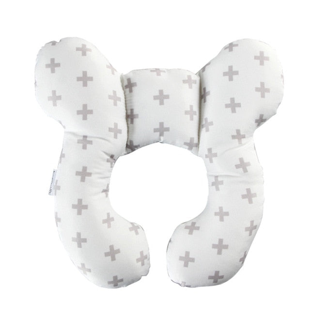 U-shaped baby head support pillow in white with light gray plus pattern