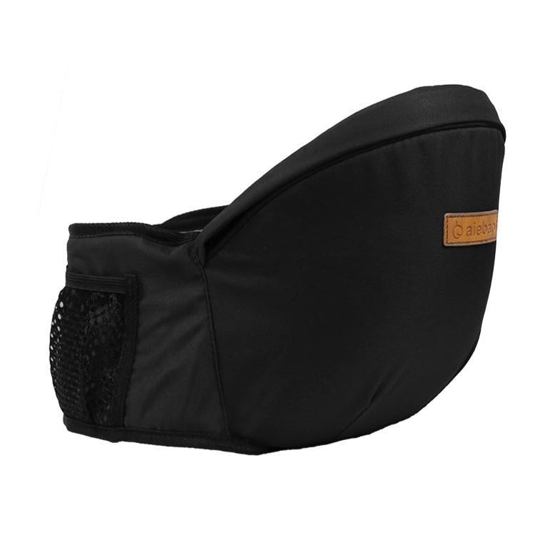 Hip seat carrier in black with mesh side panel and small leather-look logo patch.