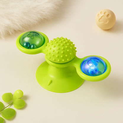 Green and yellow scratch windmill cat toy with blue light pods and textured bumps