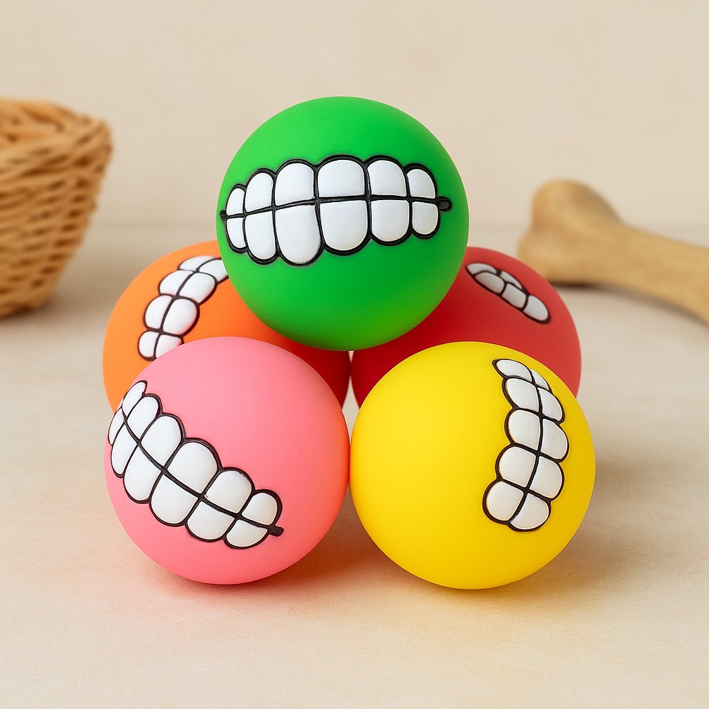 Rubber pet teeth squeaky toy balls: green, orange, pink, and yellow with white teeth.