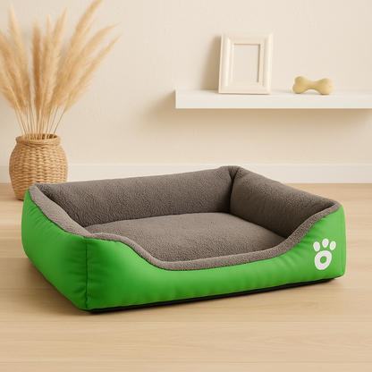 Waterproof fleece pet bed in green with gray inner cushion and white paw-print patch