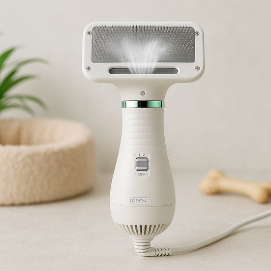 White 2-in-1 pet dryer brush with vented comb head and OFF/OPEN controls