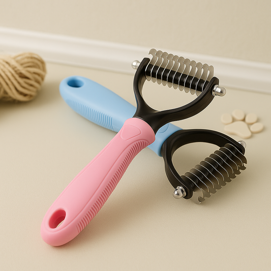 Pet fur knot remover comb with blue and pink handle, black head, metal pins