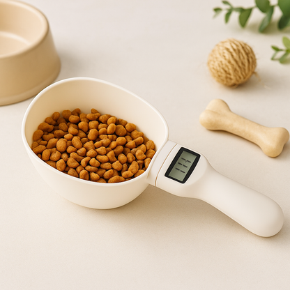Digital pet food measuring scoop with LCD display, filled with brown kibble