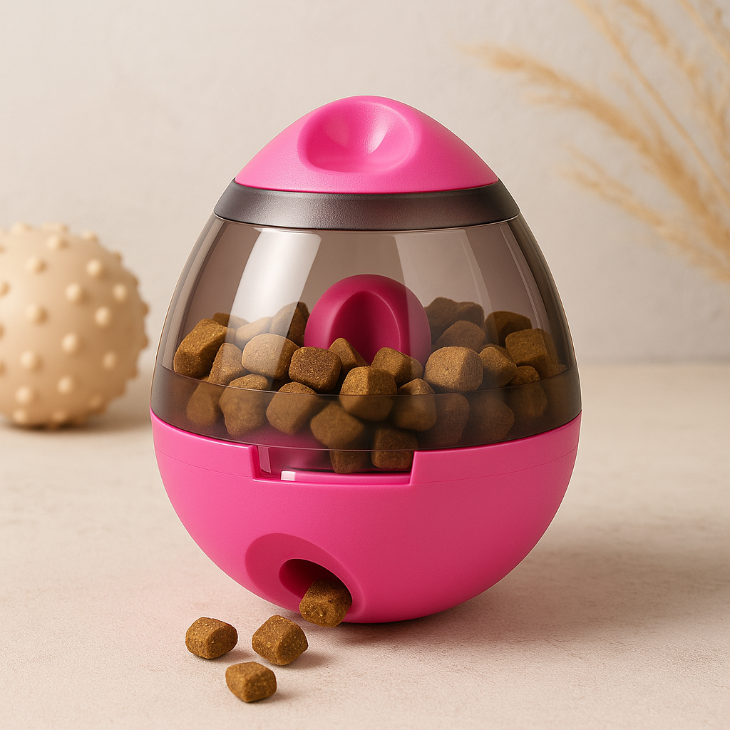 Interactive treat ball dispenser with pink base, clear top, and scattered brown kibble