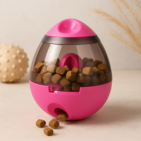 Interactive treat ball dispenser with pink base, clear top, and scattered brown kibble