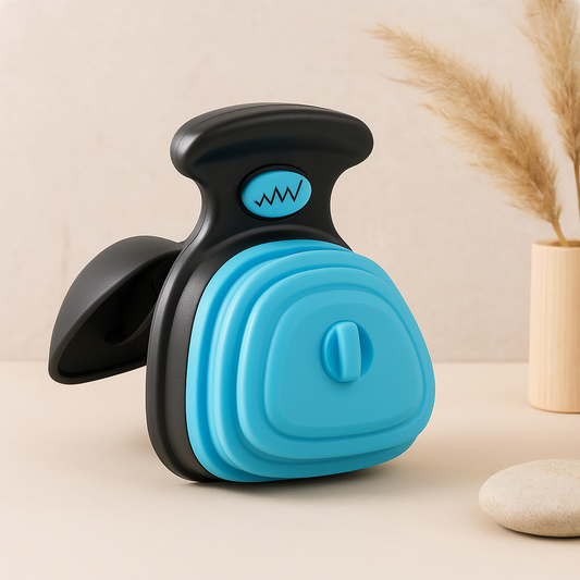 Blue and black poop picker tool with curved handle and latch
