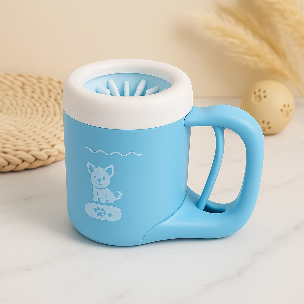 Blue portable dog paw-cleaning cup with white rim and bristle brush inside
