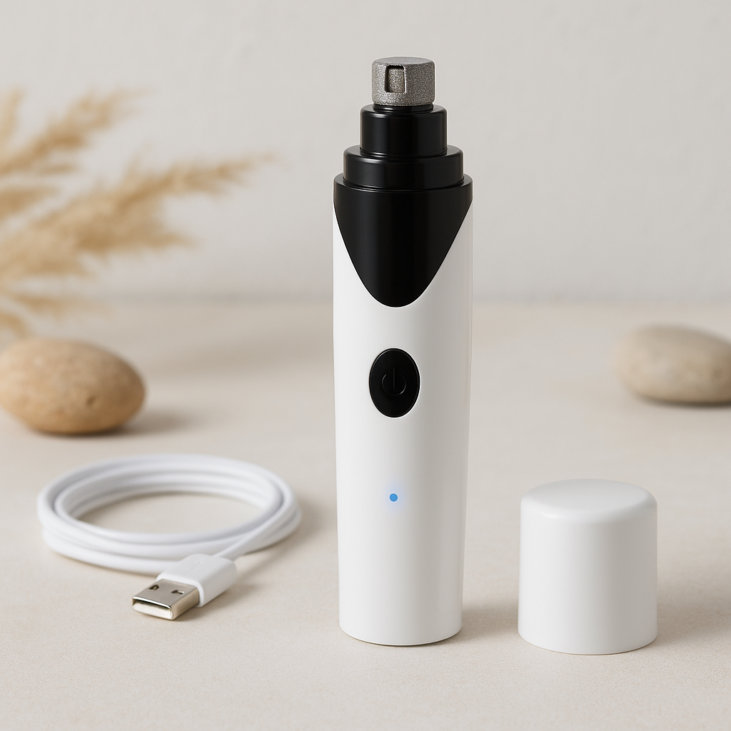 Rechargeable pet nail clipper, white body with black grip and on/off button