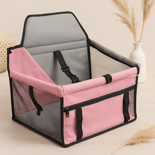 Pet car hammock seat, pink with black trim and straps, foldable mesh side panels