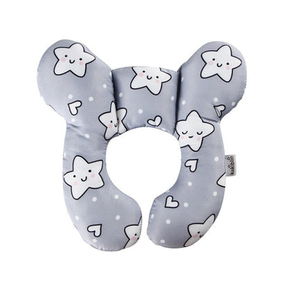 U-shaped baby head support pillow in light gray with smiling white cloud and heart icons