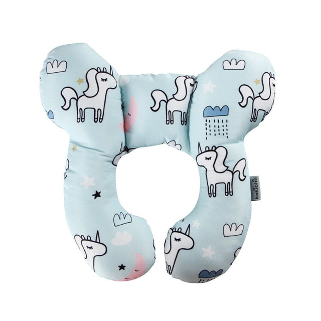 U-shaped baby head support pillow in light blue with cute dog and cat line-art pattern