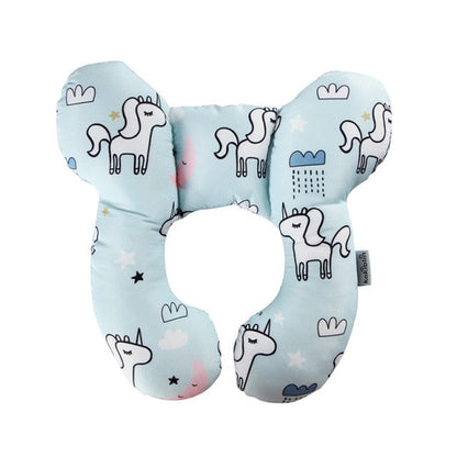 U-shaped baby head support pillow in light blue with cute dog and cat line-art pattern