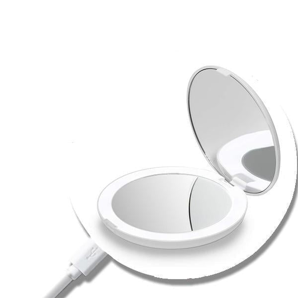 Foldable white LED makeup mirror with open lid and connected power cable