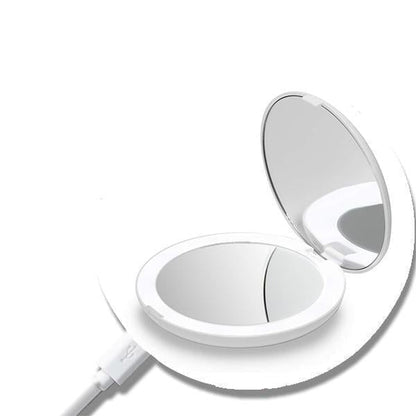 Foldable white LED makeup mirror with open lid and connected power cable