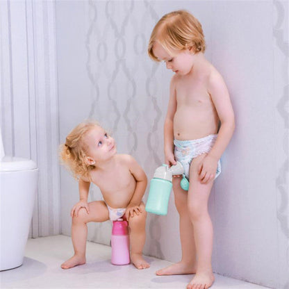 Portable baby travel potty urinal in light blue held by child
