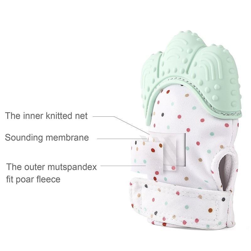 Light blue and white teething mitten glove showing inner net and sounding membrane