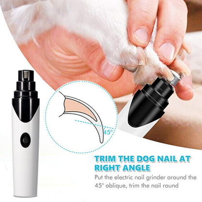 Rechargeable pet nail clipper trimming a pet paw with the grinding tip