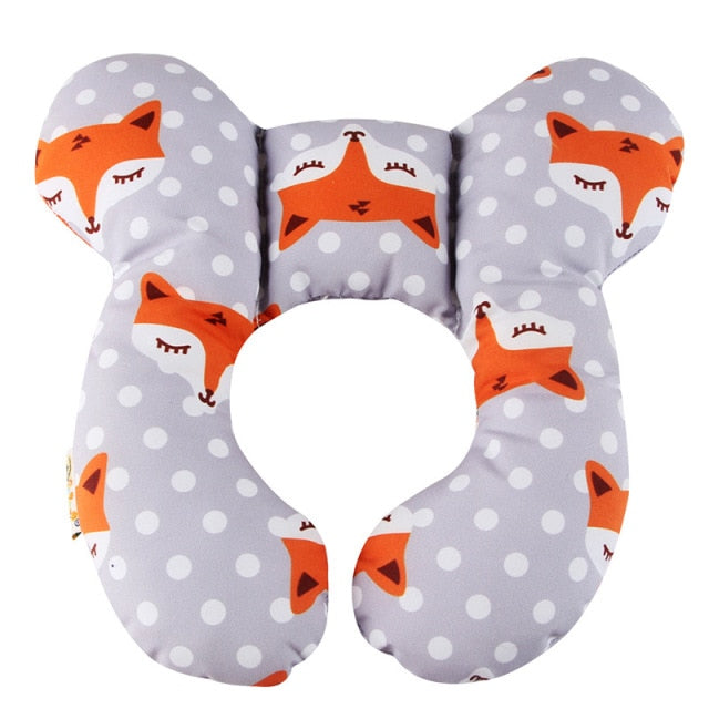 U-shaped baby head support pillow, gray with fox and dot pattern