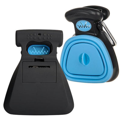 Blue poop picker tool with black base, latch, and open scoop case