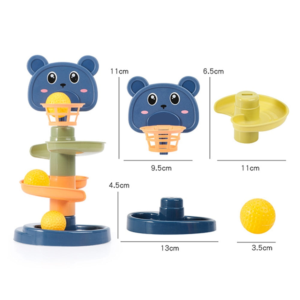 Rolling ball tower toy with bear face, stacked discs and yellow ball pieces