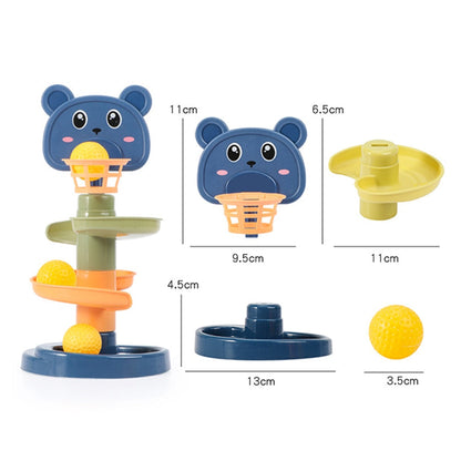 Rolling ball tower toy with bear face, stacked discs and yellow ball pieces