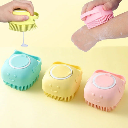 Silicone body bath brushes set with pink, yellow, and light blue scrub heads