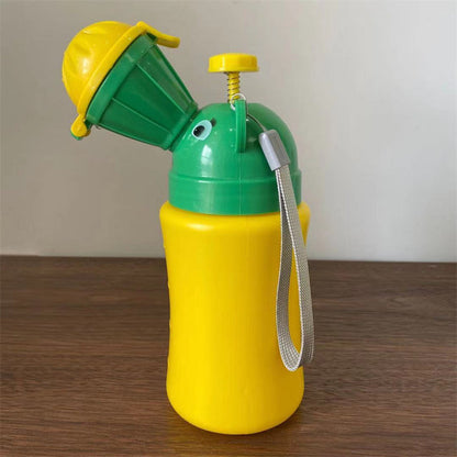 Green and yellow portable baby travel potty urinal with flip spout and hanging strap