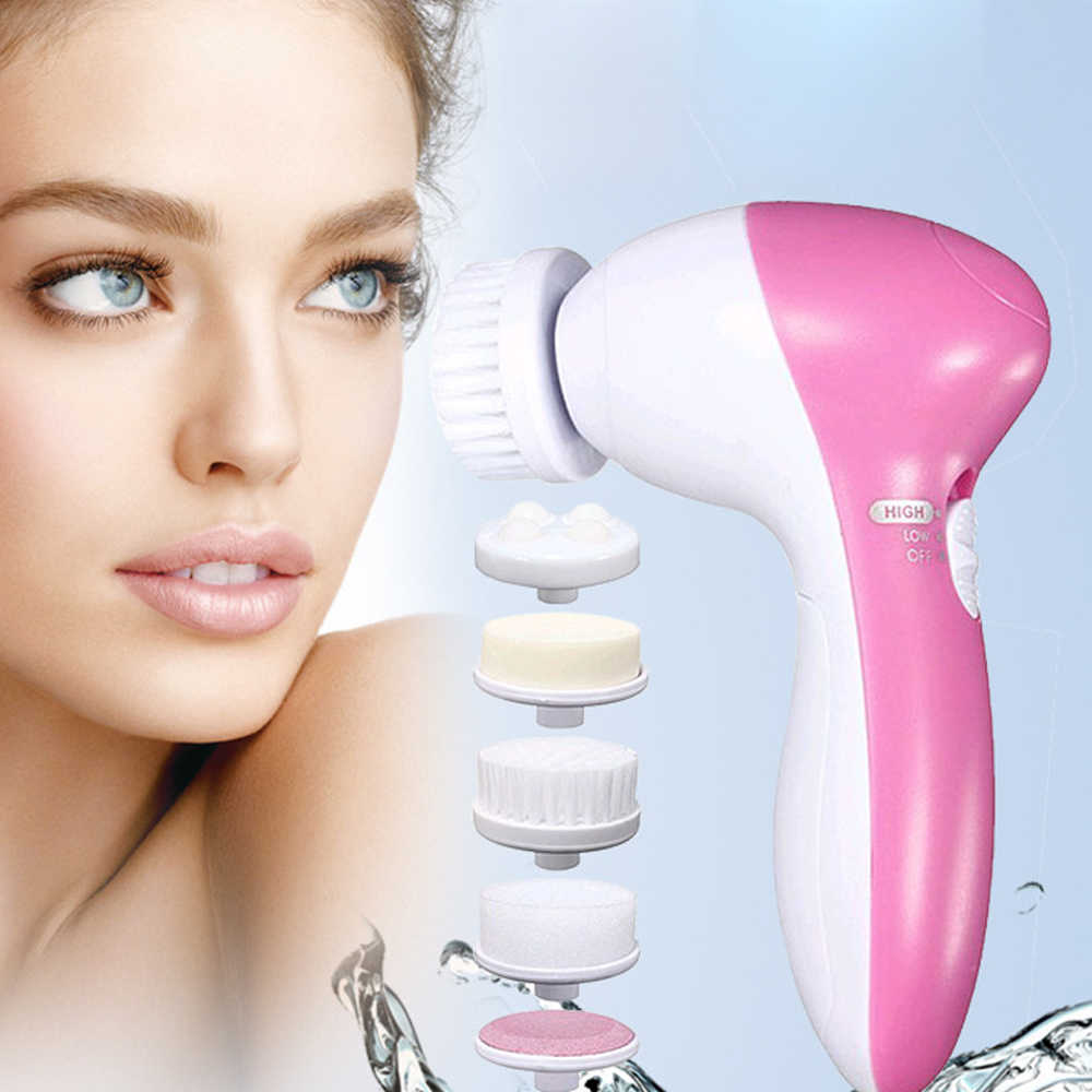 Electric facial cleansing brush set with pink-and-white handle and multiple brush heads