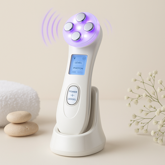 White face massager device with purple rotating electrode head and LED control panel