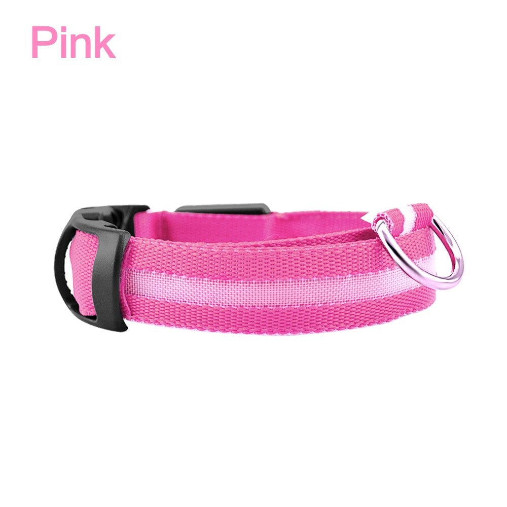 Pink LED dog safety collar with black buckle and metal D-ring, unlit.