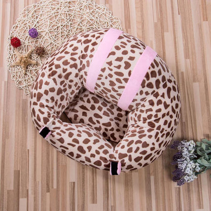 Leopard-print baby sit-up support seat with pink bands and padded inner support