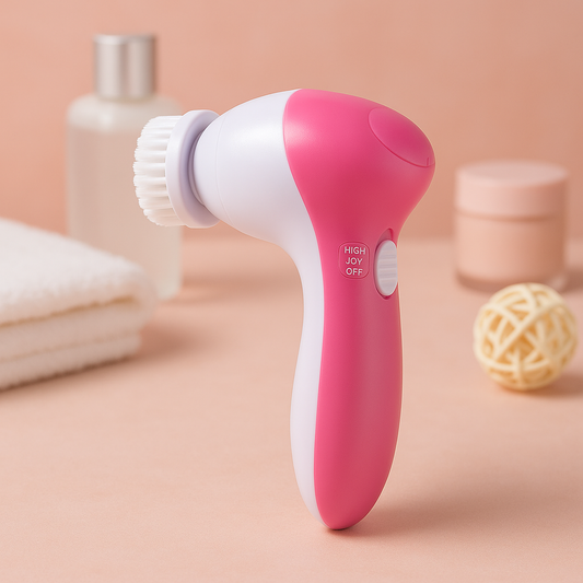 Electric facial cleansing brush with pink handle and white bristle head