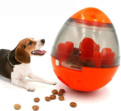 Interactive treat ball dispenser with orange base, clear top, and red feeder fingers