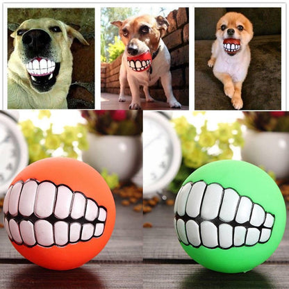Rubber pet teeth squeaky toy balls with white teeth: orange and green.