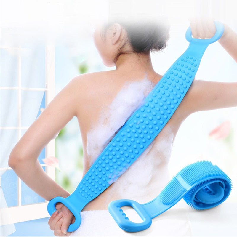 Blue silicone bath brush belt with dotted grip and ribbed scrub pad