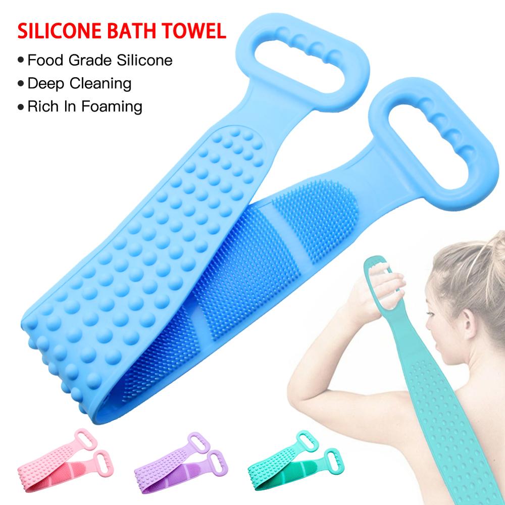 Blue silicone bath brush belt with dotted grip and ribbed scrubbing pad