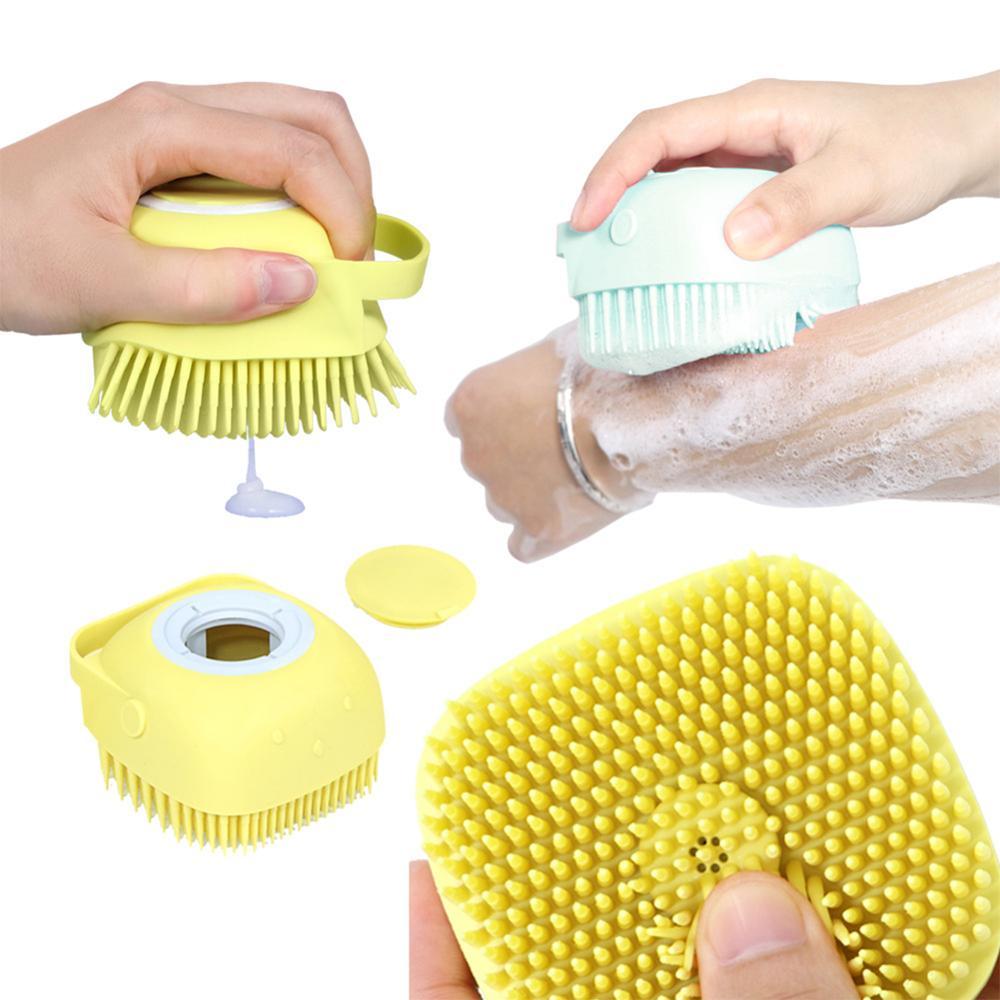 Yellow and light blue silicone body bath brushes with flexible bristles in use
