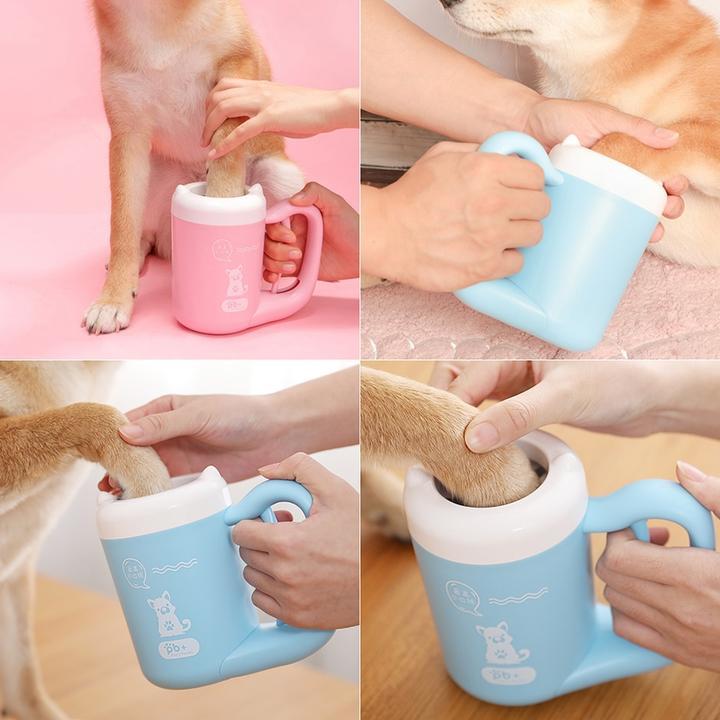 Blue paw-cleaning cup being held while cleaning a dog's paw