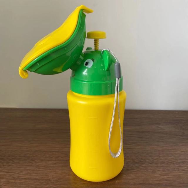Green and yellow portable baby travel potty urinal with flip funnel top and strap