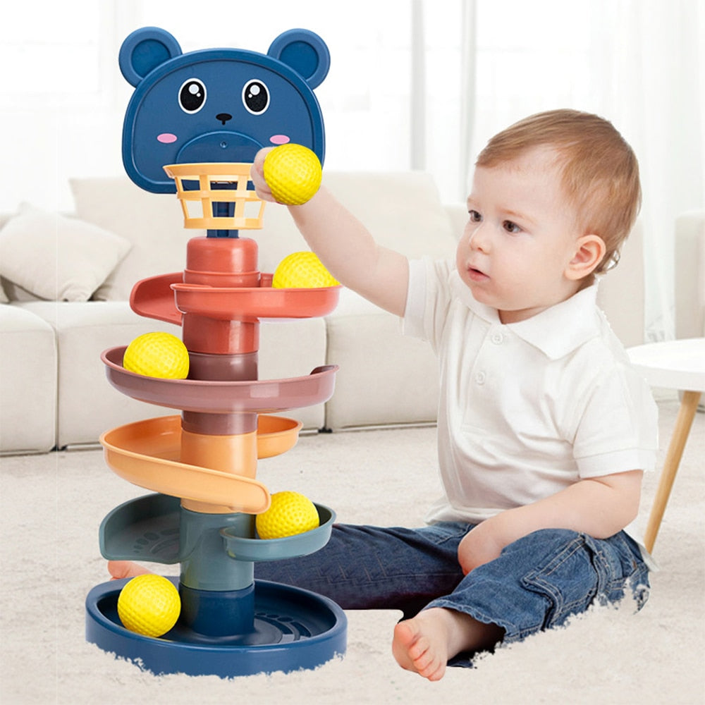 Baby rolling ball tower toy with bear face, spinning tracks and yellow balls