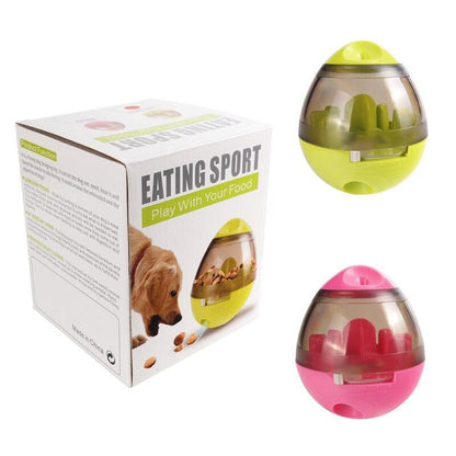 Interactive treat ball dispenser set: box and two ball toys in green and pink