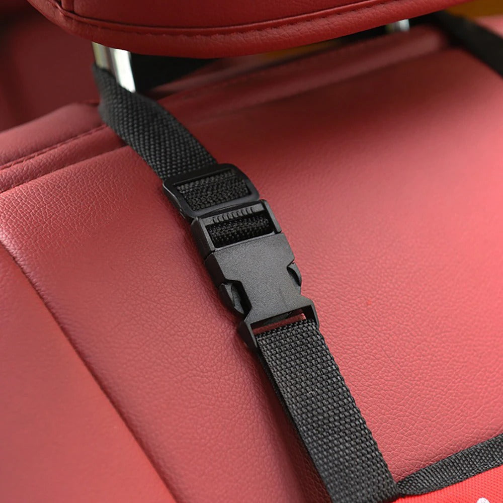 Pet car hammock seat, red with black strap and plastic buckle connector
